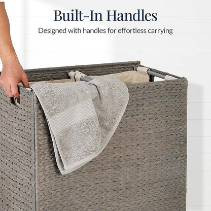 Best Choice Products Large Double Laundry Hamper with Lid, Natural Handwoven Water Hyacinth, 2 Sections w/ 2 Machine Washable Linen Liner Bags, Portable, Handles - Gray