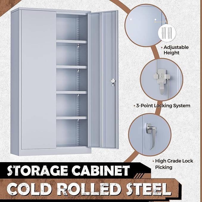 INTERGREAT Metal Lockable Storage Cabinet, 72” H Storage Cabinet with 2 Doors and 4 Adjustable Shelves for Office, Home, Garage, Pantry (Assembly Required, 18”D, Cement Gray)