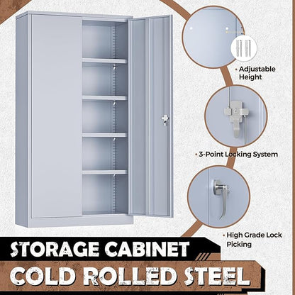 INTERGREAT Metal Lockable Storage Cabinet, 72” H Storage Cabinet with 2 Doors and 4 Adjustable Shelves for Office, Home, Garage, Pantry (Assembly Required, 18”D, Cement Gray)