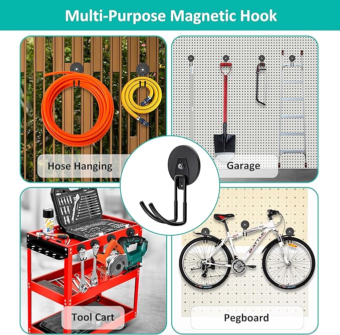 ENUODA Strong Magnetic Hooks Heavy Duty Magnetic Garage Hook, Large Magnet Hooks for Hanging Garden Tool, Broom, Shovel, Hose, Extension Cord, Container, Tool Chest, Shed, Storage & Organization, 2PCS