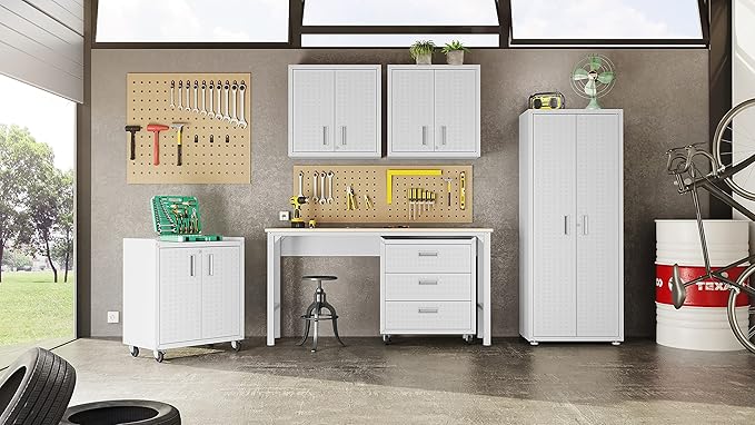 Manhattan Comfort Fortress 31.5-Inch Rolling Garage Tool Chest, 3-Drawer Lockable Mobile Storage Cabinet, Diamond-Textured Steel Utility Organizer with Wheels for Basement, Workshop in White
