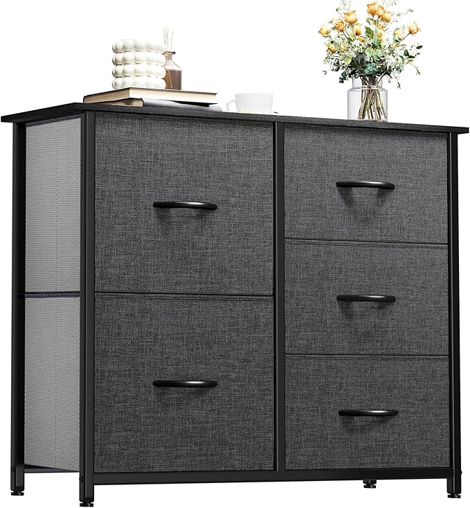 YITAHOME Dresser for Bedroom with 5 Drawers, Wide Bedroom Fabric Dresser with Storage Bins, Clothes Cabinet for Bedroom, Living Room, Hallway, Black Grey