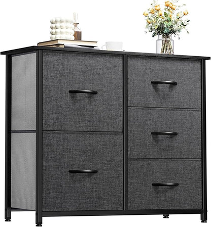 YITAHOME Dresser for Bedroom with 5 Drawers, Wide Bedroom Fabric Dresser with Storage Bins, Clothes Cabinet for Bedroom, Living Room, Hallway, Black Grey