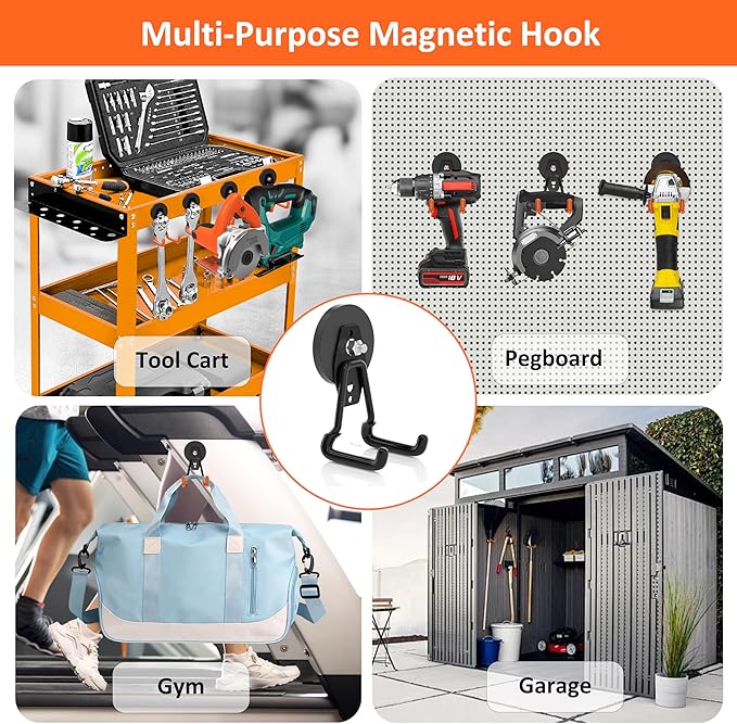 ENUODA Strong Magnetic Hooks Heavy Duty Upgraded Magnets with Hooks Magnetic Garage Hooks for Hanging Shovel, Broom, Wreath, Garden Tool, Toolbox, Shed, Gargae, Locker, 4PCS