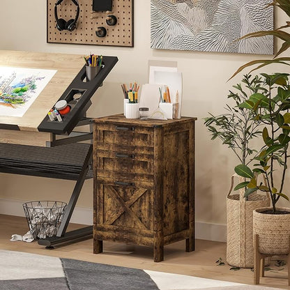 HOMCOM 3 Drawer File Cabinet with Silent Slides, Vertical Filing Cabinet for Hanging A4/Letter Size, Rustic Farmhouse Printer Stand with Storage for Home Office, Rustic Brown