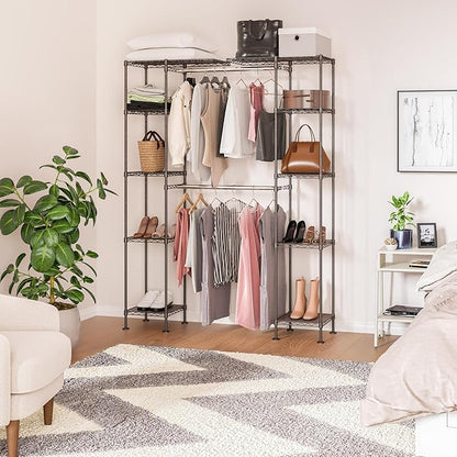 Seville Classics Closet Garment Organizer with Metal Hanging Rod Wardrobe Storage System, w/ Steel Shelves for Clothes, Shirts, Jackets, Coats, Blankets, Shoes, Satin Bronze, Expandable Rack