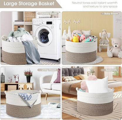 Laundry Basket,20''x13''Woven Cotton Rope Laundry Hamper,Blanket Basket for Living Room;Toy storage;Woven basket;Nursery Storage Bin,Nursery hamper,Boho Room Decor (White+Brown)