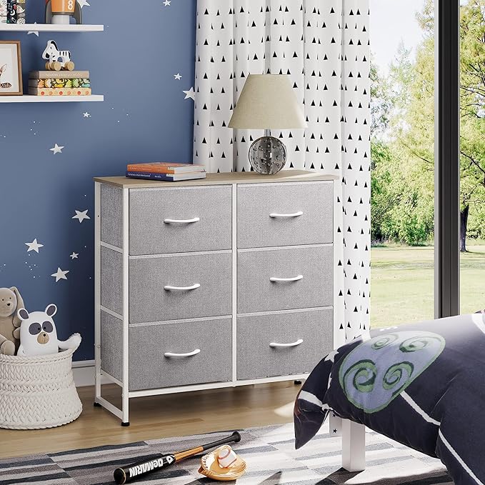 WLIVE Fabric Dresser for Bedroom, 6 Drawer Double Dresser, Closet Dresser with Fabric Bins, Chest of Drawers for Closet, Living Room, Hallway, Light Grey