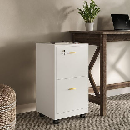 Lavish Home 2 Drawer File Cabinet - Filing Cabinet with Lock - Rolling File Cabinet for Under Desk Storage - Wood Filing Cabinet for Home or Office Organization (White)
