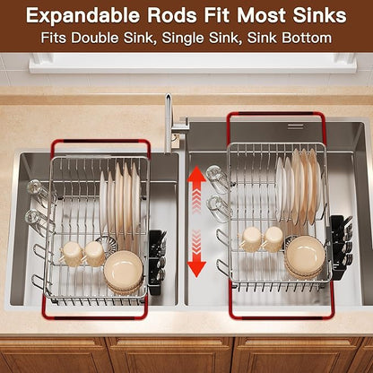 Over the Sink Expandable Dish Drainer Drying Rack In Stainless Steel for Small Kitchen, Counter Space Saving Modern Compact Metal Above Plate Dryer Strainer, Adjustable Hanging Inside Drain Holder