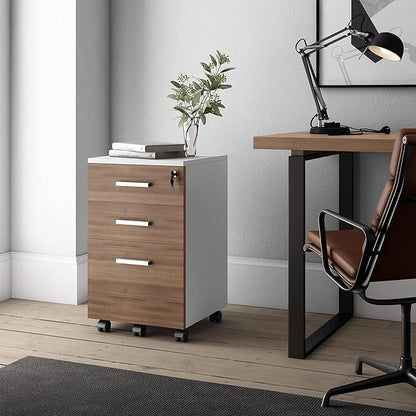 Modern Design Lazio File Cabinet, Filing Cabinets for Home Office, Drawers for Under Desk, Locking 3 Drawer Rolling Filing Cabinet with Lock, Walnut and White, by Crafts and Comfort