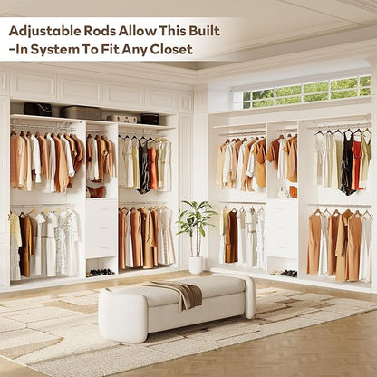LINLUX 8FT Closet System 94'' Closet Organizer with 3 Drawers,4 Extendable Hanging Rods,Wood Closets Built In System Tower with Adjustable Shelves,Walk-in Closets Wardrobe Clothes Garment Rack(White)