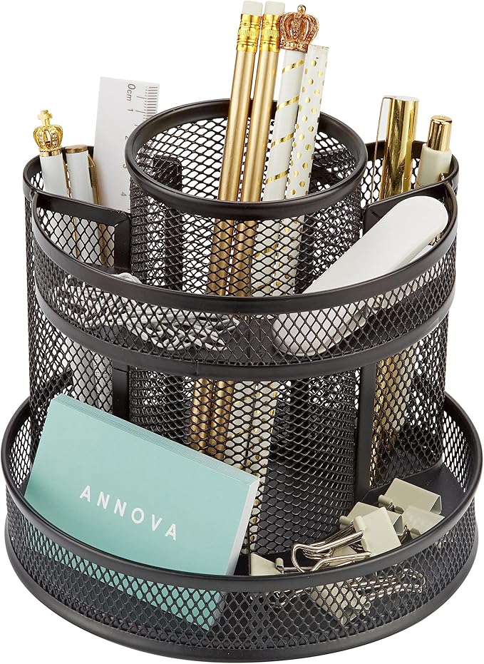 Annova Mesh Desk Organizer Rotate with 5 Compartments Round Spinning Tidy Candy/Pen Holder Desk Accessories Office, Art Supply, Storage, Classroom, Home (Black)