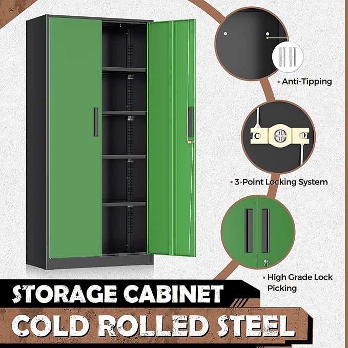 INTERGREAT Metal Lockable Storage Cabinet, 72” Storage Cabinet with 2 Doors and 4 Adjustable Shelves for Office, Home, Garage, Pantry (Assembly Required, Black Green)