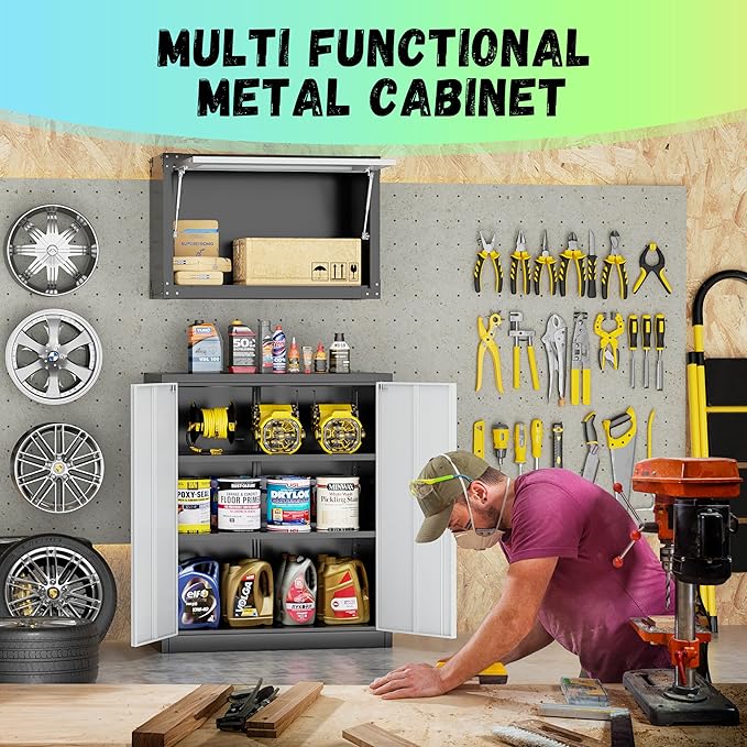Bonusall Metal Garage Storage Cabinet, 36" H Locking Cabinets with2 Adjustable Shelves,2 Door Small Pantry Storage for Home Office, Kitchen, Bathroom(Black Grey)