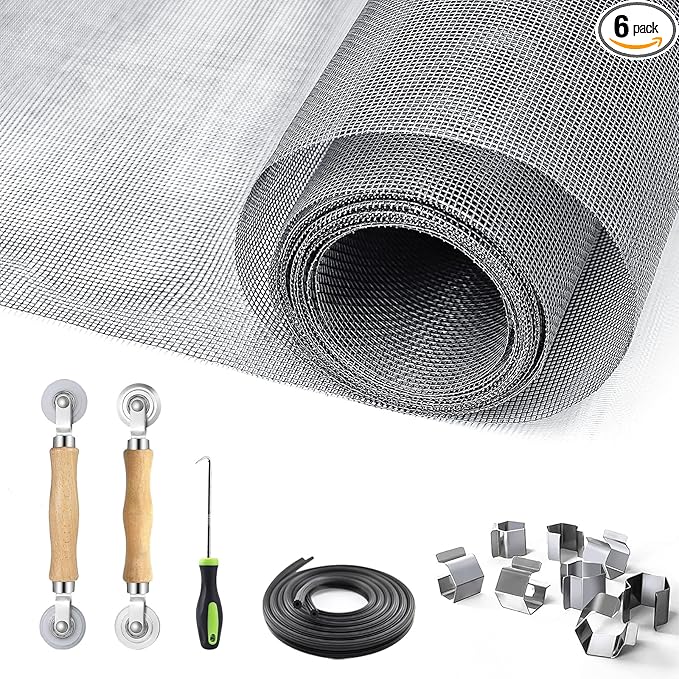 King&Charles Window Screen Door Repair/Replacement Kit, Include Gray Screen Mesh 59"x106"+ 2 Roller+50Ft Spline+8Clips+Hook, 6 in 1 Window Mesh Kit, Steel/Nylon Bearing Roller