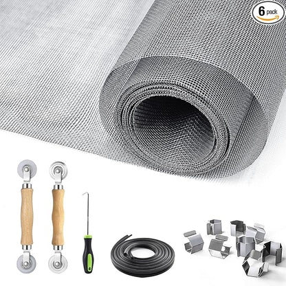 King&Charles Window Screen Door Repair/Replacement Kit, Include Gray Screen Mesh 59"x106"+ 2 Roller+50Ft Spline+8Clips+Hook, 6 in 1 Window Mesh Kit, Steel/Nylon Bearing Roller