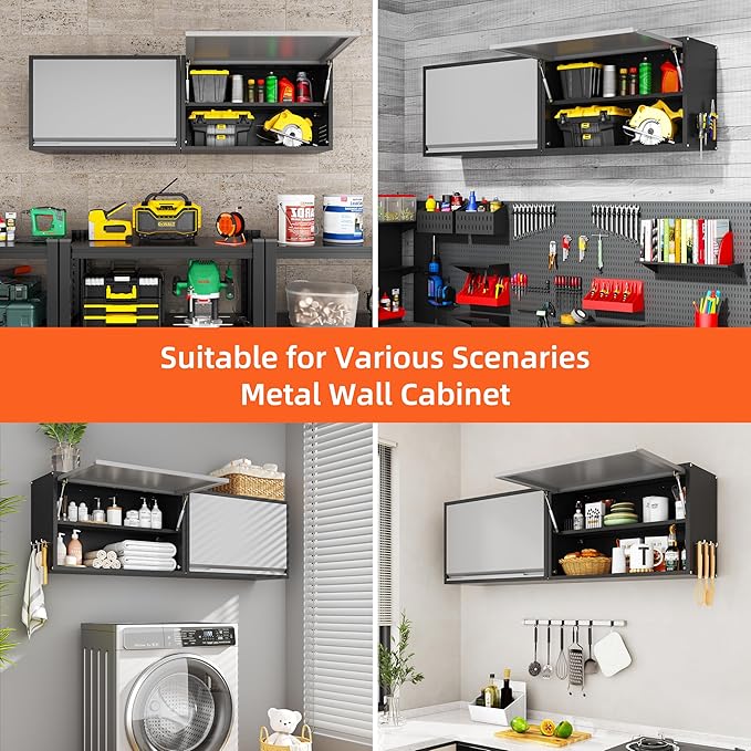 Garage Wall Cabinet, Floating Metal Wall Cabinet with Up-Flip Door and Shelves,19.7''H Hanging Wall Mounted Storage Cabinet for Garage, Warehouse, Workshop, RV