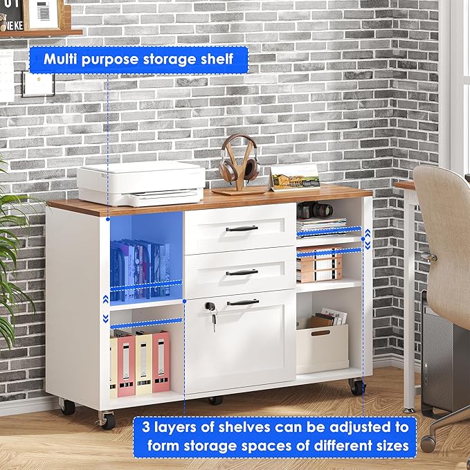 3 Drawer Wood Mobile Large lateral File Cabinet with Lock, Lockable Rolling Filing Cabinet with Open Storage Shelves, Printer Stand Office Storage for Home Office Fits Files Legal/A4, White