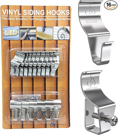 NACETURE Vinyl Siding Hooks & Screws - 16 Pack Heavy Duty No-Hole Needed Stainless Steel Hanger for Outdoor Mount Home Security Camera