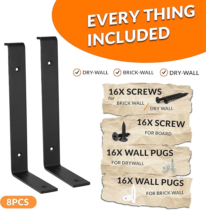 BATODA 12” Shelf Brackets with Lip (Match 11.25" Board) - 8 Pcs Z Shelf Bracket Black - Heavy Duty Hook Brackets for Shelves - Wall Mounted Support for DIY - Shelving Hardware Included (Pack 8)