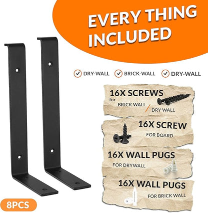 BATODA 12” Shelf Brackets with Lip (Match 11.25" Board) - 8 Pcs Z Shelf Bracket Black - Heavy Duty Hook Brackets for Shelves - Wall Mounted Support for DIY - Shelving Hardware Included (Pack 8)