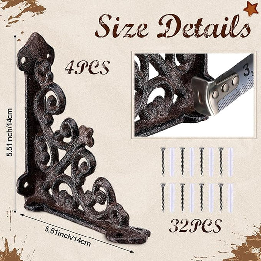 Blulu 4 Pack Antique Style Cast Iron Shelf Brackets Decorative Brackets 5 1/2" x 5 1/2" Wall Mount Shelving Bracket Heavy Duty Victorian Style Shelf(Iron Gray)