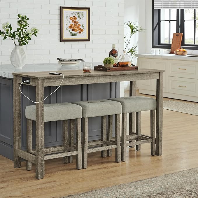 59" Power Outlet Mid Century Console Table, Slim Console Table with Solid Wood Frame, Long Narrow Console Tables for Living Room & Kitchen, Brown