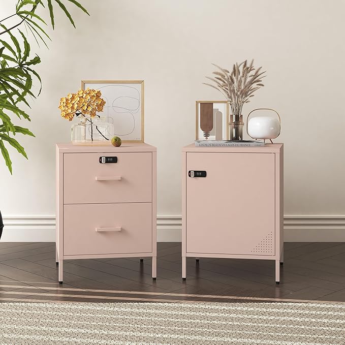 Metal End Table Single Door Bedside Nightstand Lockable Storage Cabinet Kids Locker for Living Room, Bedroom, Dorm,Home, Office 21.26”H X 15.75”W X 15.75”D (1 Door, Pink)