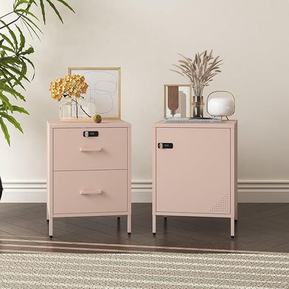 Metal End Table Single Door Bedside Nightstand Lockable Storage Cabinet Kids Locker for Living Room, Bedroom, Dorm,Home, Office 21.26”H X 15.75”W X 15.75”D (1 Door, Pink)