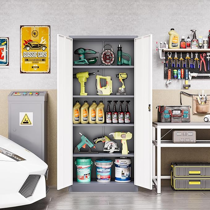 Metal Tool Storage Cabinet,Lockable File Cabinet with 2 Doors and 5 Adjustbale Shelves,Tall Cabinets for Garage Storage Systems for Home Office,Garage,Workshop