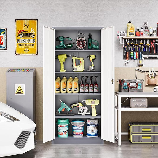 Metal Tool Storage Cabinet,Lockable File Cabinet with 2 Doors and 5 Adjustbale Shelves,Tall Cabinets for Garage Storage Systems for Home Office,Garage,Workshop