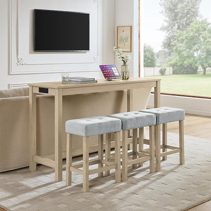 59" Power Outlet Mid Century Console Table, Slim Console Table with Solid Wood Frame, Long Narrow Console Tables for Living Room & Kitchen, Light Oak