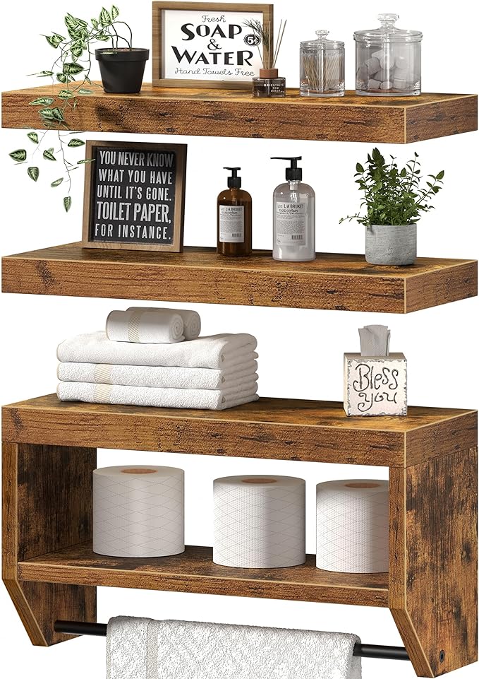 QEEIG Bathroom Floating Shelves for Wall - Shelf Over Toilet Paper Storage Farmhouse 16 inch Set of 3, Rustic Brown (028-40BN3)