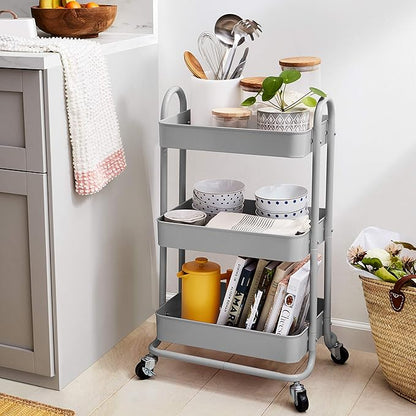 Amazon Basics 3-Tier Rolling Utility or Kitchen Cart, Lockable Wheels, Multifunctional Storage, Mobile Shelving Unit, Metal Storage Organizer, Charcoal