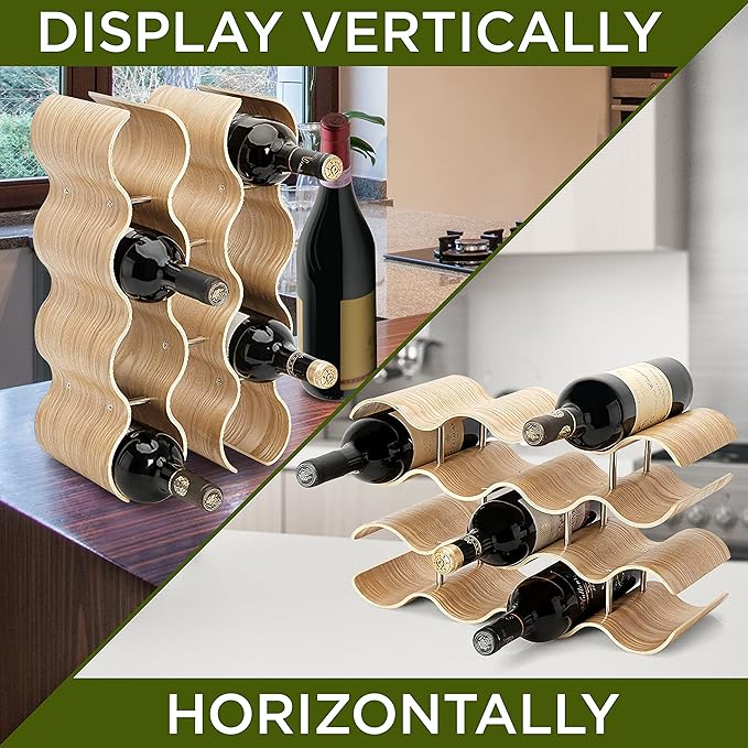 NutriChef Bamboo Wine Rack - 4 Tier Countertop Shelf with Slots That Holds 14 Bottles, Unique Stackable Wooden Holder, Save Space for Cabinet, Kitchen and Pantry, Modern Contemporary Wave Design
