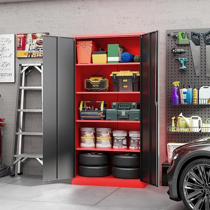 Yizosh Metal Garage Storage Cabinet with Lock Doors and 4 Shelves,-72" Steel Heavy Duty Tool Cabinet for Garage, Office,School (Red Black)