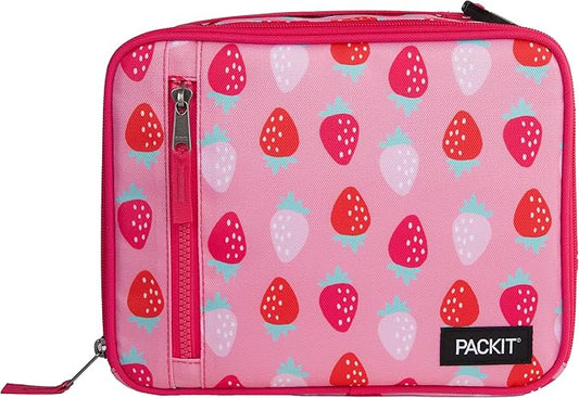 PackItFreezable Classic Lunch Box, Sweet Strawberry, Built with EcoFreezeTechnology,Collapsible, Reusable, Zip Closure With Zip Front Pocket and Buckle Handle, Designed for Fresh Lunch On the Go