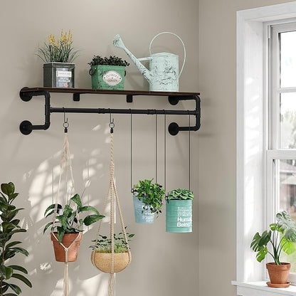Industrial Pipe Clothes Rack with Top Shelf and 3 Hooks, 41''L Wall Mounted Garment Rack, Heavy Duty Iron Garment Bar, Clothes Hanging Rod Bar, 4 Base Max Load 135Lb Black