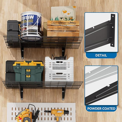 2-Pack 2x6ft Garage Wall Shelving, 24"x72" Shelf Storage Rack Floating Shelves Wall Mounted, Heavy Duty Storage Shelves, 800lbs Load Capacity, with 16 Hooks for Garage Organization, Black