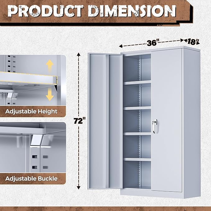INTERGREAT Metal Lockable Storage Cabinet, 72” H Storage Cabinet with 2 Doors and 4 Adjustable Shelves for Office, Home, Garage, Pantry (Assembly Required, 18”D, Cement Gray)