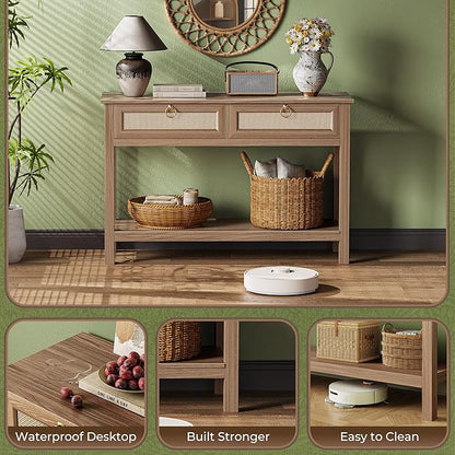 SUPERJARE Rattan Console Sofa Table with Outlets and USB-C Port, 2 Drawer Entryway Table with Synthetic Rattan Surface, 39 Inch, Open Shelf, Behind Couch Entry Foyer Hallway Storage, Brown