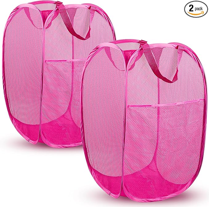 DUCOO Pop Up Hamper, 2 PCS Mesh Pop Up Laundry Hamper, Foldable Mesh Laundry Basket with Space Saving Design for Home, Dorm, Travel and Storage, Pink