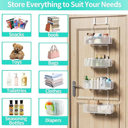 HapiRm Over Door Organizer Storage - Separable Door Organizer Hanging with 4 Metal Large Capacity Baskets for Bathroom Bedroom Kitchen Pantry Closet (White)