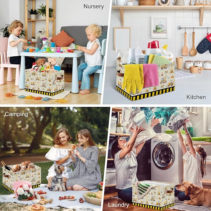 Construction Truck Basket - Excavator Storage Baskets Collapsible - Bulldozer Storages Bin Decor - Tractor Decor for Boys Room - Excavator Rectangle Baskets for Kids Clothes, Gifts, Books
