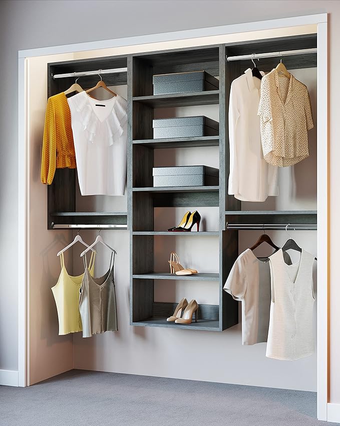 Modular Closets Vista Collection Closet Organizer System - 3 Piece Wall Mounted Kit with Hanging Rods & Shelves, Grey, Fits Closets 96” or wider