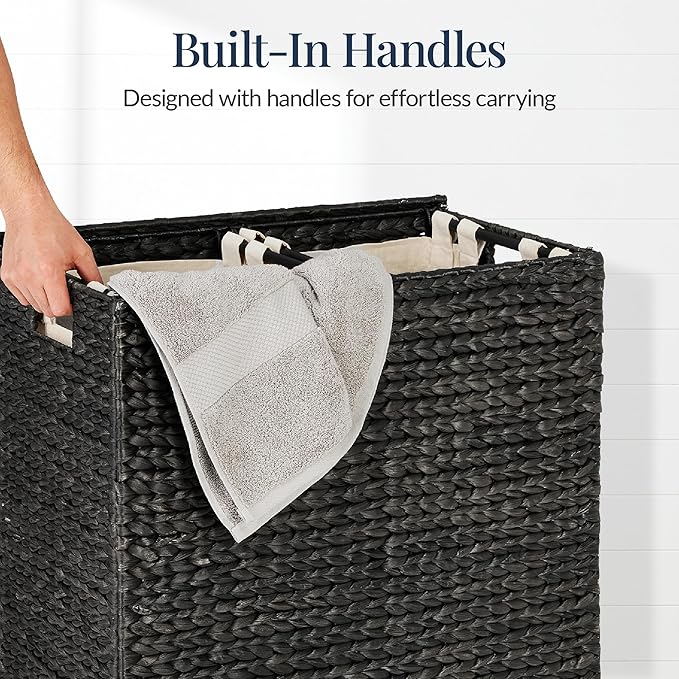 Best Choice Products Large Double Laundry Hamper with Lid, Natural Handwoven Water Hyacinth, 2 Sections w/ 2 Machine Washable Linen Liner Bags, Portable, Handles - Black