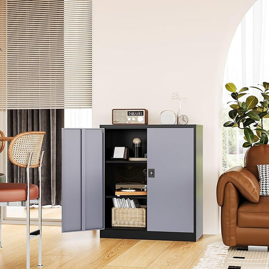 Metal Storage Cabinet-36” Tall Steel File Cabinets with Lockable Doors and Adjustable Shelves-Black&Gray Steel Storage Cabinet for Home Office, School, Garage