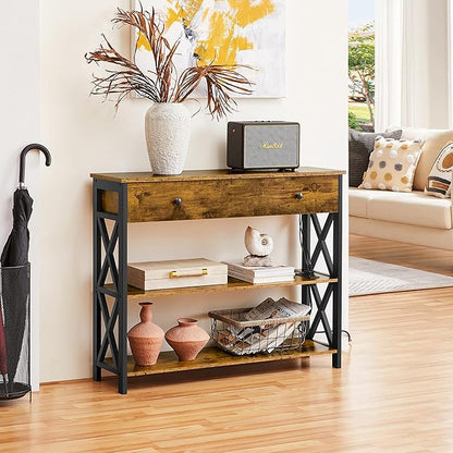 Yaheetech Console Table with 2 Outlets and 2 USB Ports, Industrial Entryway Table with Drawer and Storage Shelves, Narrow Sofa Tables with Metal Frame for Living Room, Hallway, Rustic Brown