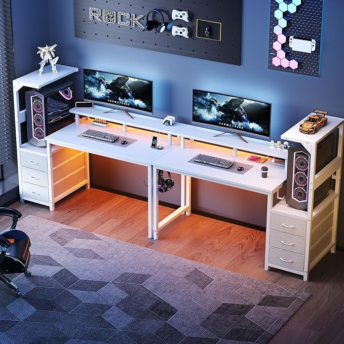 DUMOS L Shaped Gaming Desk with Shelves Storage Drawers 52'', White Computer Desks with LED Lights Power Outlets, Office Wood Table with PC Stand Cable Management for Bedroom Dual Monitor Streaming